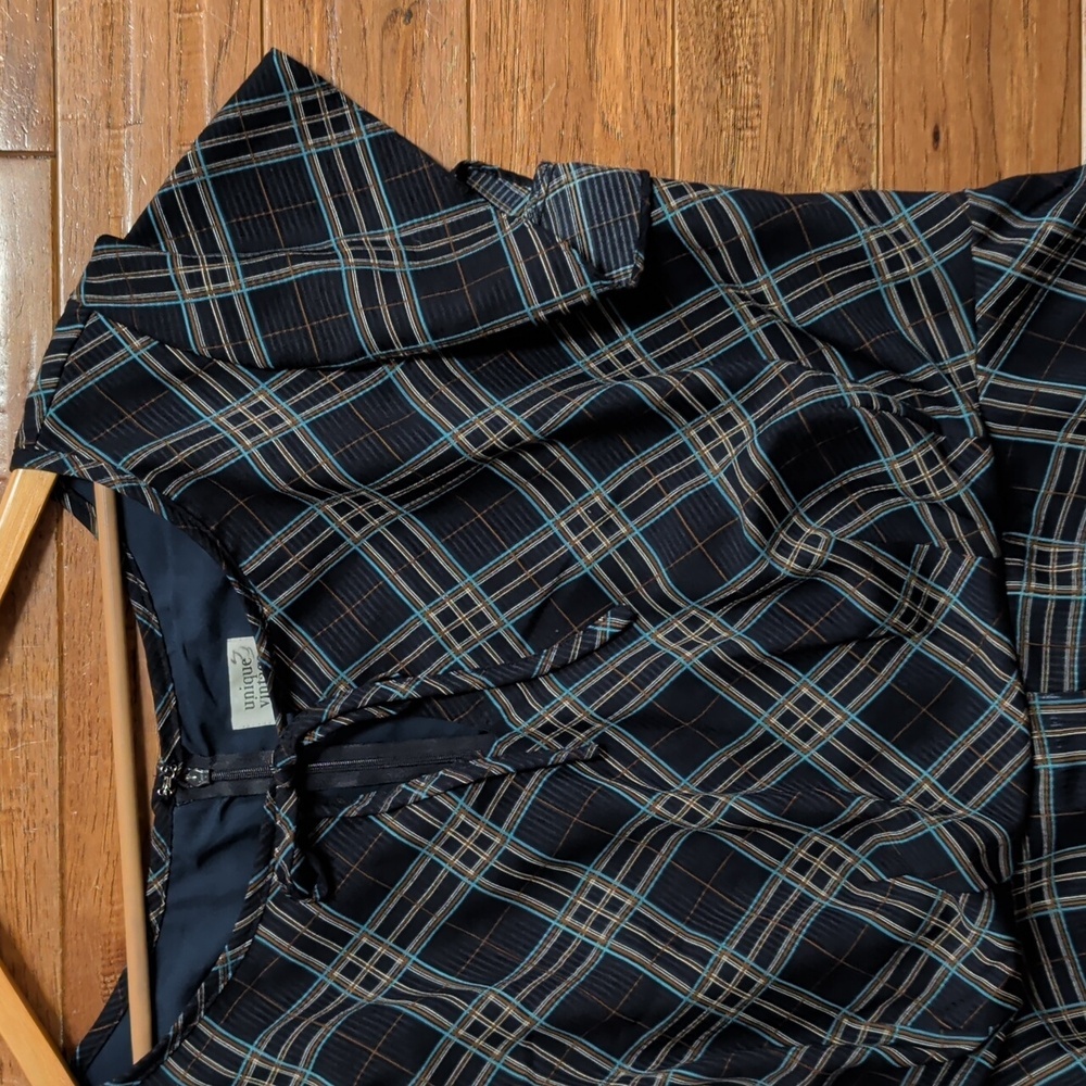 Unique Vintage Keyhole Front Tie Blue Plaid Midi Dress - Picture 4 of 7